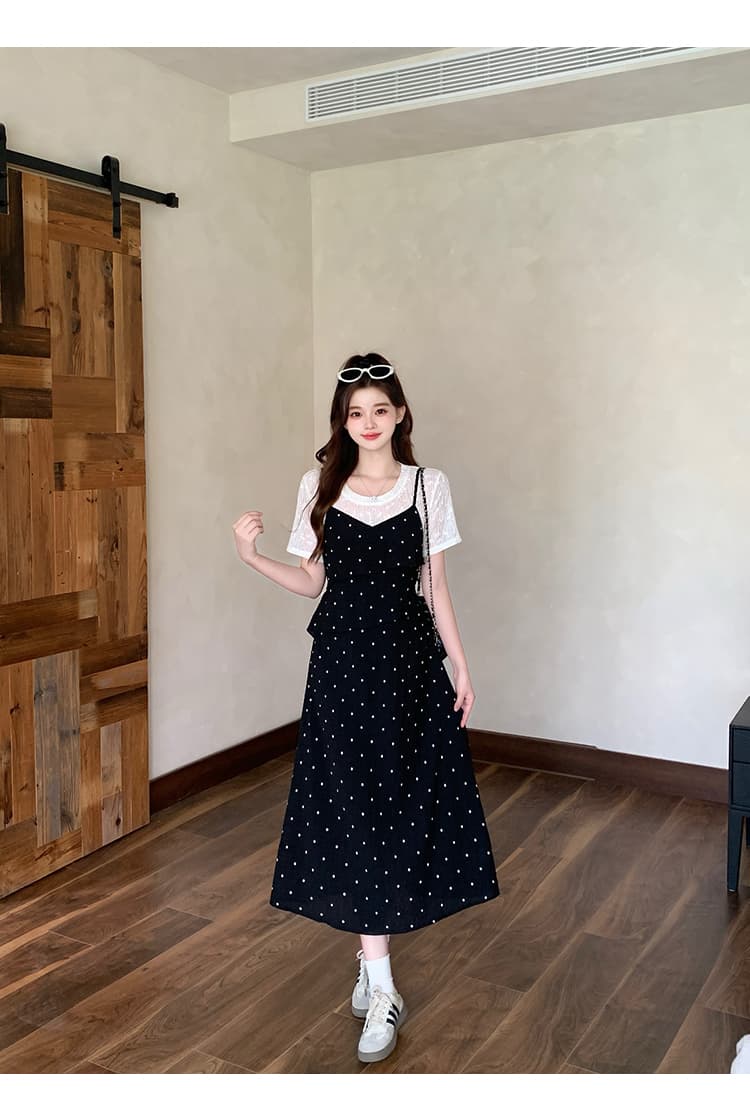 실사 2026 여름 드레스 새로운 지방 mm 빅 사이즈 여성 한 부서 디자인 센스 페이크 레이어드 도트 무늬 길다 쇼트 스타일 드레스 상세 이미지 27