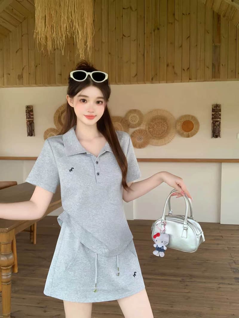 실사 2026 여름 드레스 새로운 지방 mm 빅 사이즈 여성 달콤함 운동 바람 자수 작은 말 polo 반팔 미니 스커트 세트 이미지 2