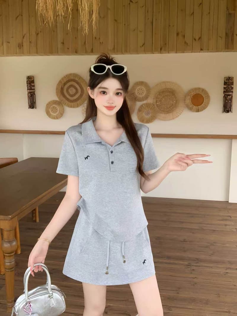 실사 2026 여름 드레스 새로운 지방 mm 빅 사이즈 여성 달콤함 운동 바람 자수 작은 말 polo 반팔 미니 스커트 세트 이미지 4