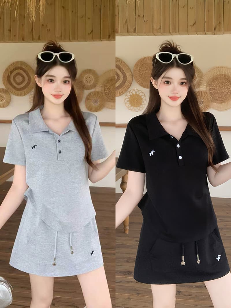 실사 2026 여름 드레스 새로운 지방 mm 빅 사이즈 여성 달콤함 운동 바람 자수 작은 말 polo 반팔 미니 스커트 세트