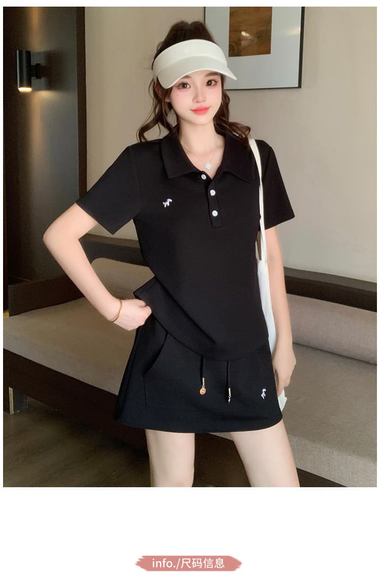 실사 2026 여름 드레스 새로운 지방 mm 빅 사이즈 여성 달콤함 운동 바람 자수 작은 말 polo 반팔 미니 스커트 세트 상세 이미지 2