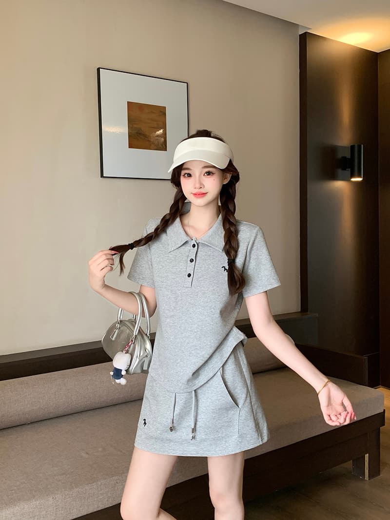 실사 2026 여름 드레스 새로운 지방 mm 빅 사이즈 여성 달콤함 운동 바람 자수 작은 말 polo 반팔 미니 스커트 세트 상세 이미지 4