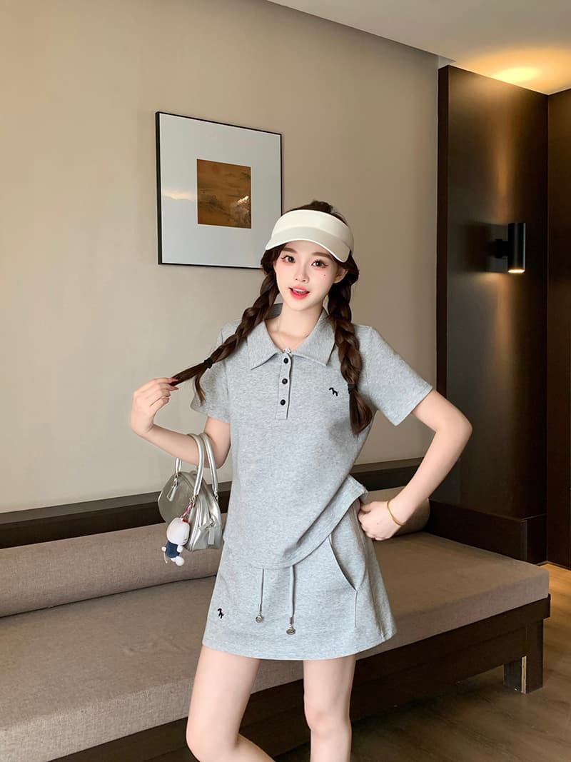 실사 2026 여름 드레스 새로운 지방 mm 빅 사이즈 여성 달콤함 운동 바람 자수 작은 말 polo 반팔 미니 스커트 세트 상세 이미지 5