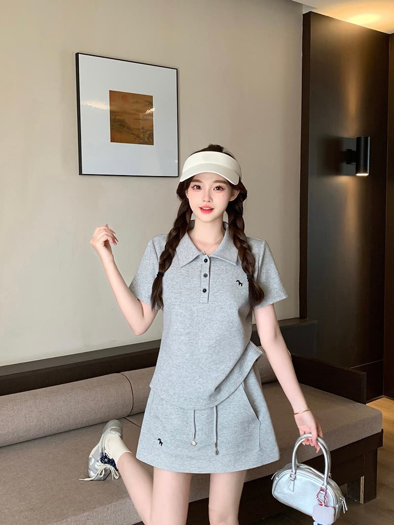실사 2026 여름 드레스 새로운 지방 mm 빅 사이즈 여성 달콤함 운동 바람 자수 작은 말 polo 반팔 미니 스커트 세트 상세 이미지 6
