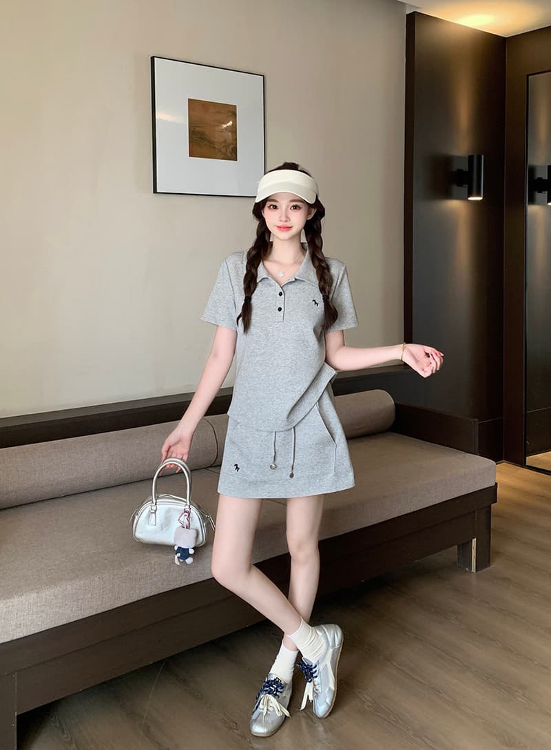 실사 2026 여름 드레스 새로운 지방 mm 빅 사이즈 여성 달콤함 운동 바람 자수 작은 말 polo 반팔 미니 스커트 세트 상세 이미지 8