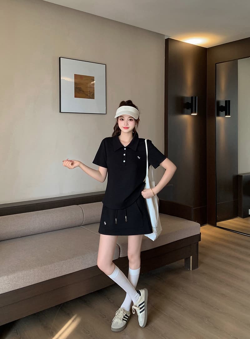 실사 2026 여름 드레스 새로운 지방 mm 빅 사이즈 여성 달콤함 운동 바람 자수 작은 말 polo 반팔 미니 스커트 세트 상세 이미지 14