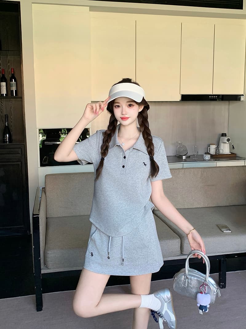 실사 2026 여름 드레스 새로운 지방 mm 빅 사이즈 여성 달콤함 운동 바람 자수 작은 말 polo 반팔 미니 스커트 세트 상세 이미지 18