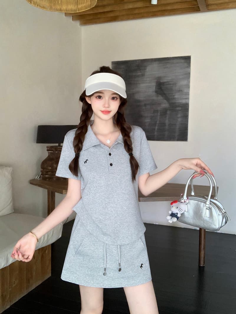 실사 2026 여름 드레스 새로운 지방 mm 빅 사이즈 여성 달콤함 운동 바람 자수 작은 말 polo 반팔 미니 스커트 세트 상세 이미지 19