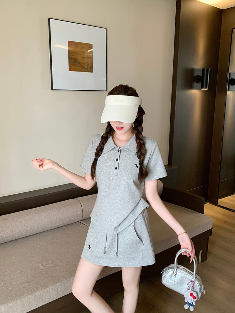 실사 2026 여름 드레스 새로운 지방 mm 빅 사이즈 여성 달콤함 운동 바람 자수 작은 말 polo 반팔 미니 스커트 세트 상세 이미지 20