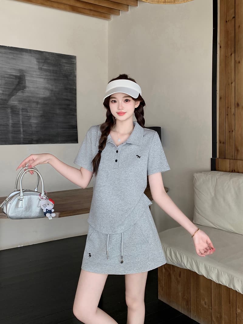 실사 2026 여름 드레스 새로운 지방 mm 빅 사이즈 여성 달콤함 운동 바람 자수 작은 말 polo 반팔 미니 스커트 세트 상세 이미지 22