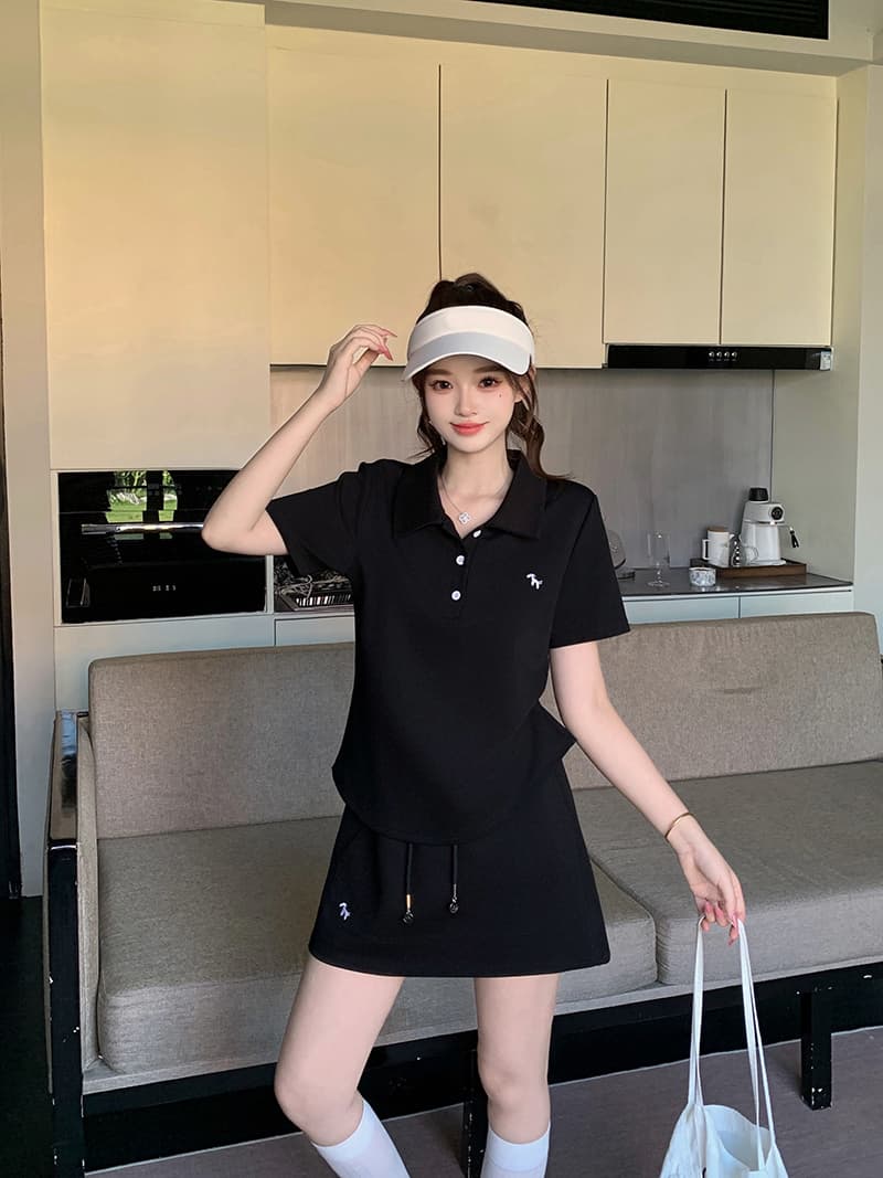 실사 2026 여름 드레스 새로운 지방 mm 빅 사이즈 여성 달콤함 운동 바람 자수 작은 말 polo 반팔 미니 스커트 세트 상세 이미지 27
