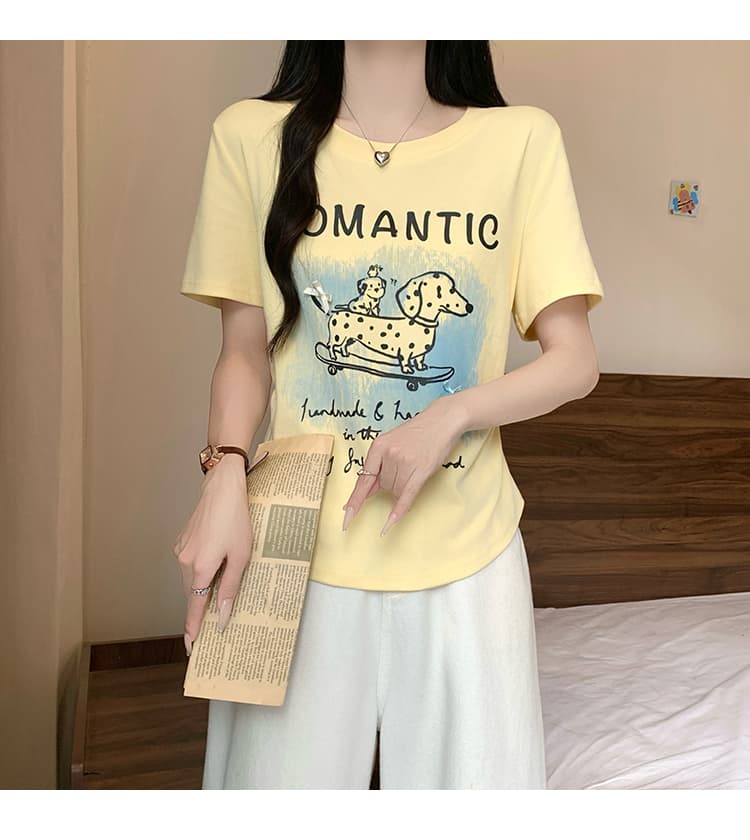 정가 실사 2026 여름 드레스 새로운 지방 mm 빅 사이즈 여성 레저 만화 프린트 라운드 넥 곡선 반팔 티셔츠 상세 이미지 24