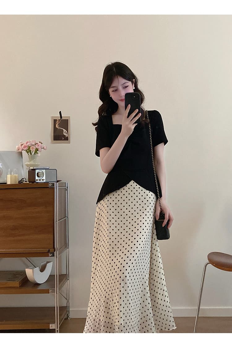 실사 2026 여름 드레스 새로운 지방 mm 빅 사이즈 여성 프랑스식 그는 벤 바람 페이크 레이어드 패치워크 도트 무늬 드레스 상세 이미지 12