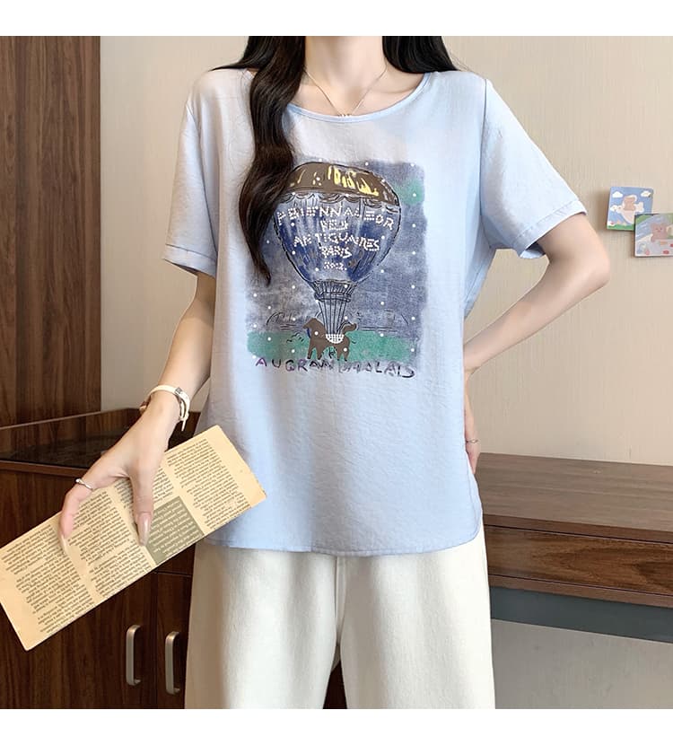 정가 실사 2026 여름 드레스 새로운 지방 mm 빅 사이즈 여성 레저 프린트 라운드 넥 루즈핏 반팔 작은 셔츠 맨위 상세 이미지 9