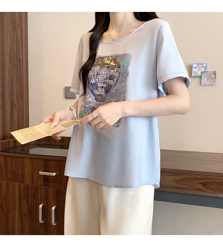 정가 실사 2026 여름 드레스 새로운 지방 mm 빅 사이즈 여성 레저 프린트 라운드 넥 루즈핏 반팔 작은 셔츠 맨위 상세 이미지 10