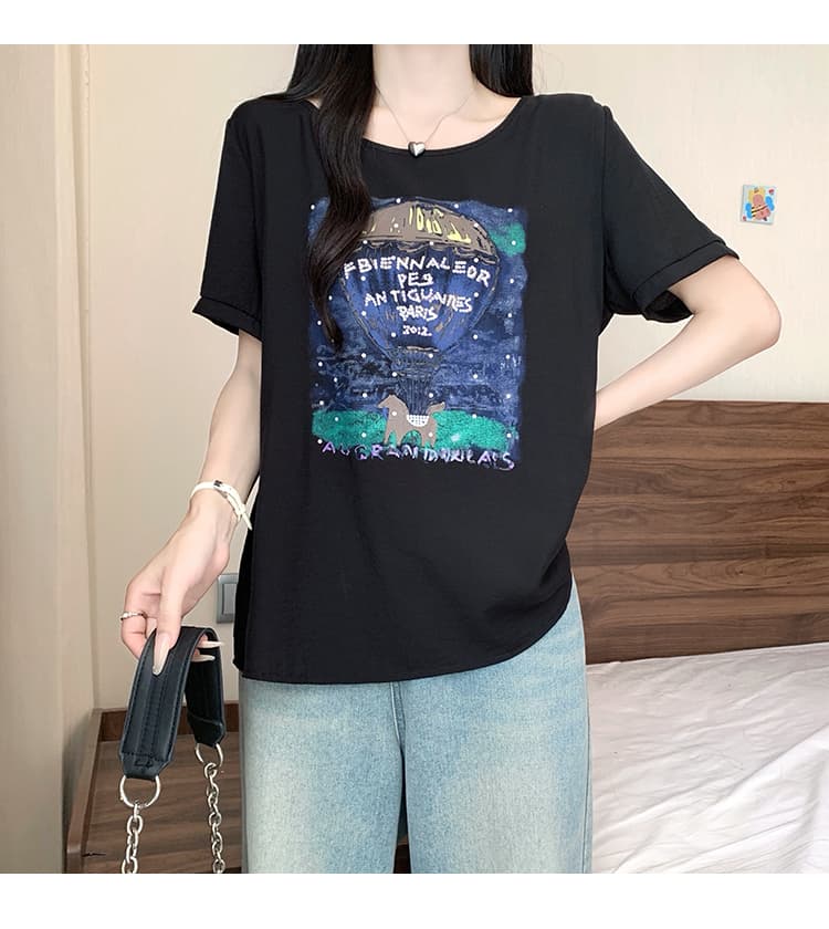 정가 실사 2026 여름 드레스 새로운 지방 mm 빅 사이즈 여성 레저 프린트 라운드 넥 루즈핏 반팔 작은 셔츠 맨위 상세 이미지 30