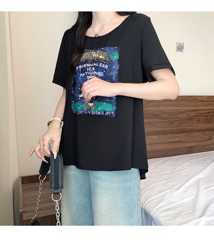 정가 실사 2026 여름 드레스 새로운 지방 mm 빅 사이즈 여성 레저 프린트 라운드 넥 루즈핏 반팔 작은 셔츠 맨위 상세 이미지 32