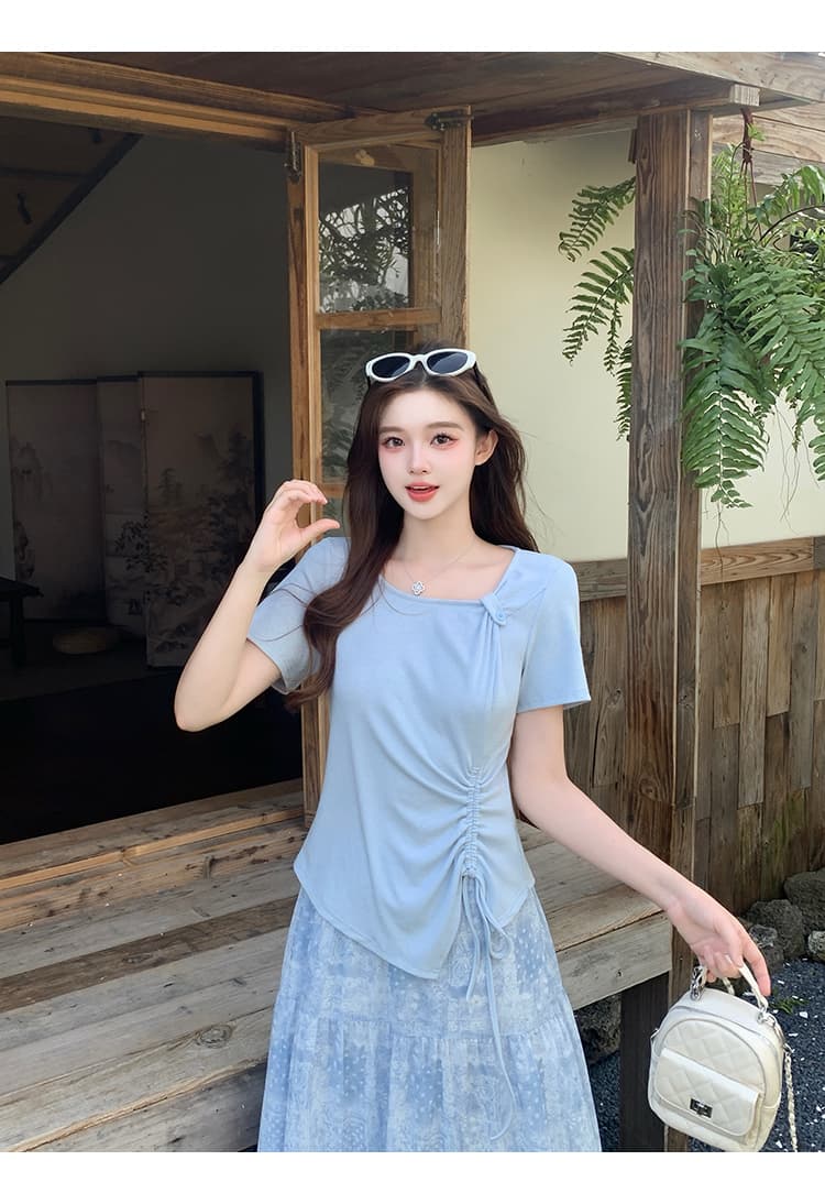 정가 실사 2026 여름 드레스 새로운 빅 사이즈 한 부서 불규칙 반팔 레트로 프린트 롱 코트 반신 치마 세트 상세 이미지 14