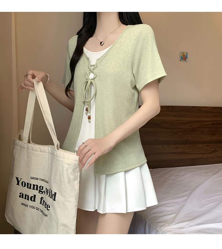 정가 실사 2026 여름 드레스 새로운 지방 mm 빅 사이즈 여성 한 부서 캐주얼 페이크 레이어드 스트랩 반팔 배색 티셔츠 상세 이미지 9