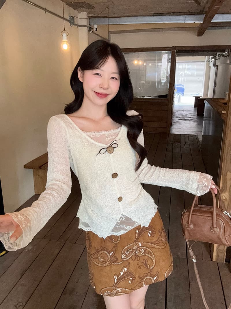정가 실사 2026 가을 의상 새로운 지방 mm 빅 사이즈 여성 한 부서 순수한 욕망 패치워크 레이스 자카드 작은 셔츠 맨위 이미지 3