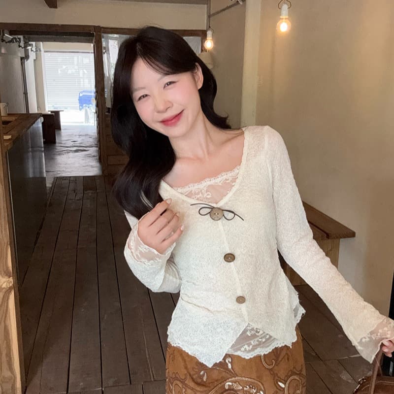 정가 실사 2026 가을 의상 새로운 지방 mm 빅 사이즈 여성 한 부서 순수한 욕망 패치워크 레이스 자카드 작은 셔츠 맨위 이미지 5