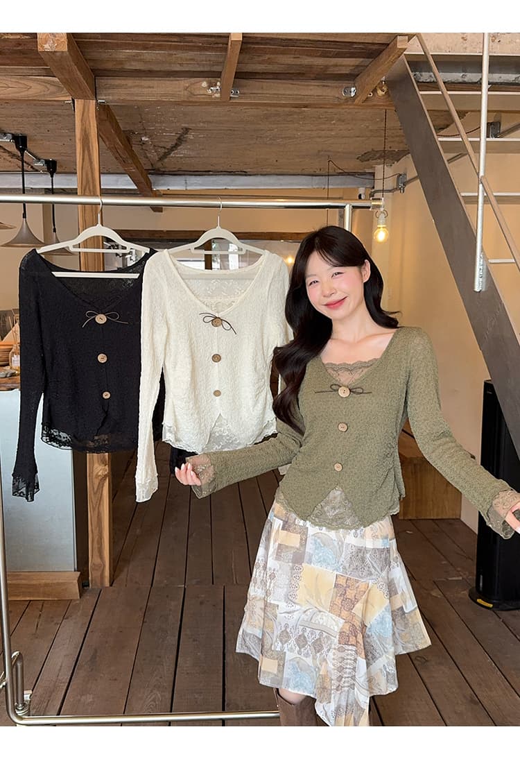 정가 실사 2026 가을 의상 새로운 지방 mm 빅 사이즈 여성 한 부서 순수한 욕망 패치워크 레이스 자카드 작은 셔츠 맨위 상세 이미지 5
