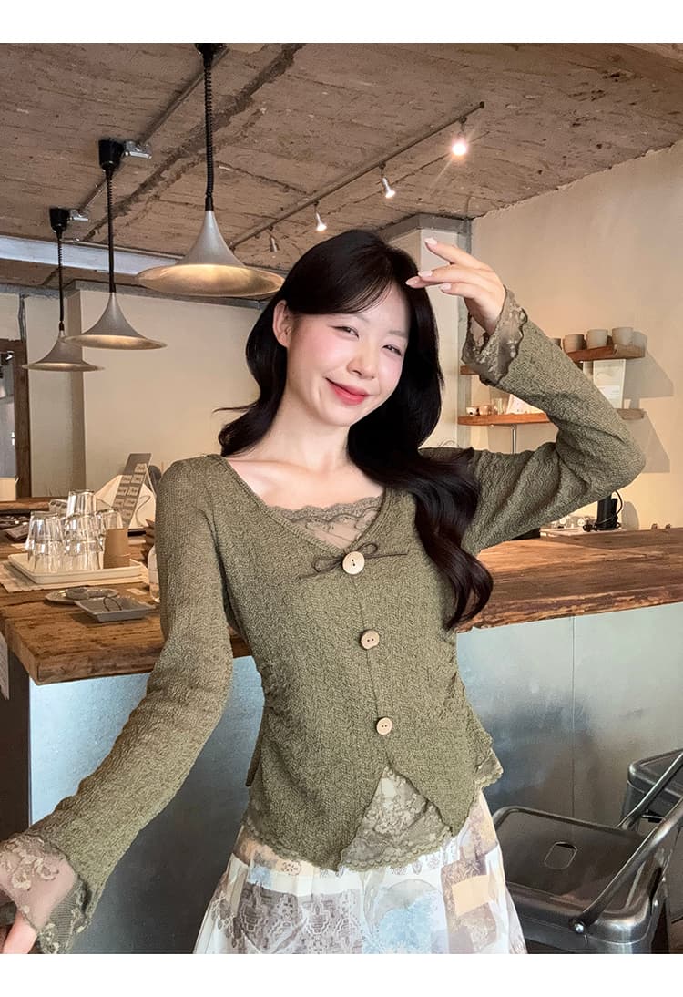 정가 실사 2026 가을 의상 새로운 지방 mm 빅 사이즈 여성 한 부서 순수한 욕망 패치워크 레이스 자카드 작은 셔츠 맨위 상세 이미지 9
