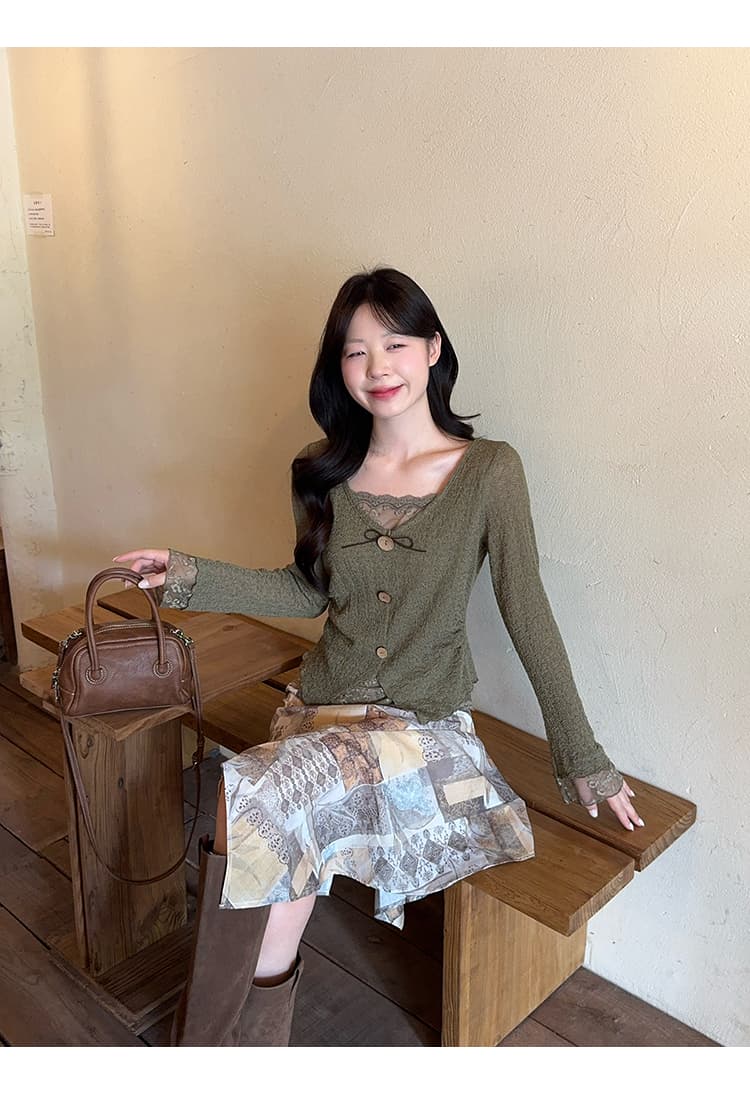 정가 실사 2026 가을 의상 새로운 지방 mm 빅 사이즈 여성 한 부서 순수한 욕망 패치워크 레이스 자카드 작은 셔츠 맨위 상세 이미지 12