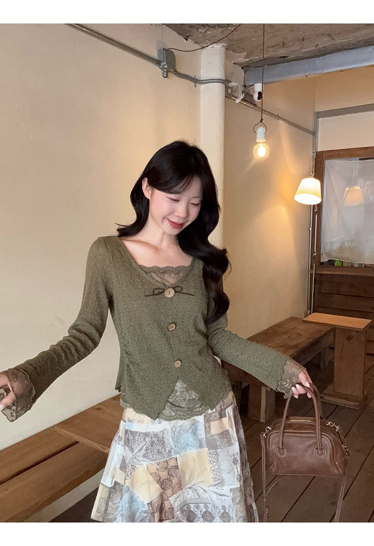 정가 실사 2026 가을 의상 새로운 지방 mm 빅 사이즈 여성 한 부서 순수한 욕망 패치워크 레이스 자카드 작은 셔츠 맨위 상세 이미지 13