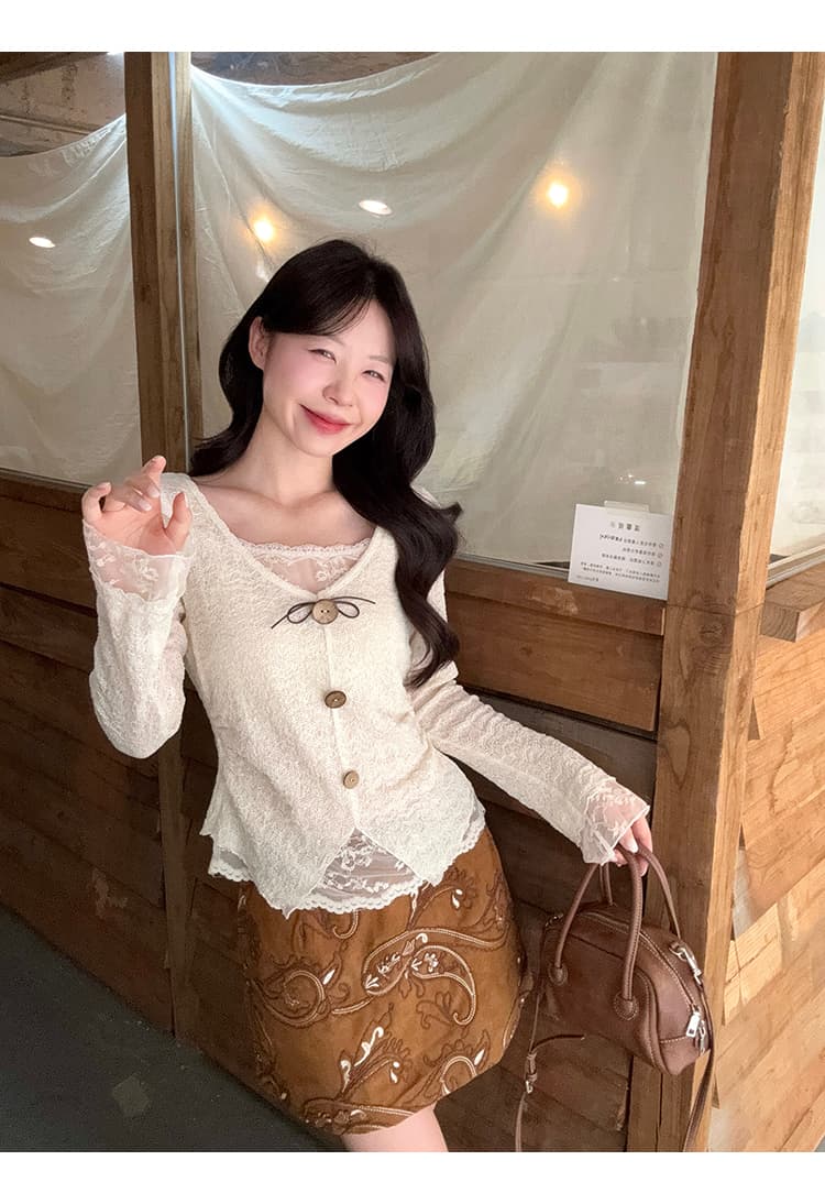 정가 실사 2026 가을 의상 새로운 지방 mm 빅 사이즈 여성 한 부서 순수한 욕망 패치워크 레이스 자카드 작은 셔츠 맨위 상세 이미지 19