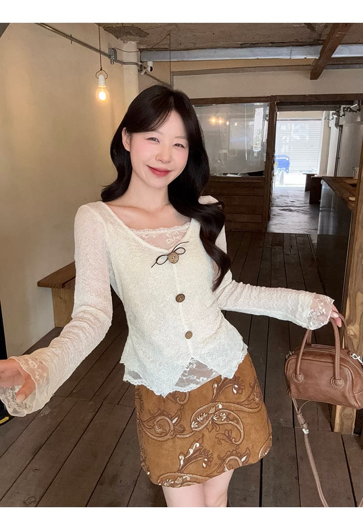 정가 실사 2026 가을 의상 새로운 지방 mm 빅 사이즈 여성 한 부서 순수한 욕망 패치워크 레이스 자카드 작은 셔츠 맨위 상세 이미지 20