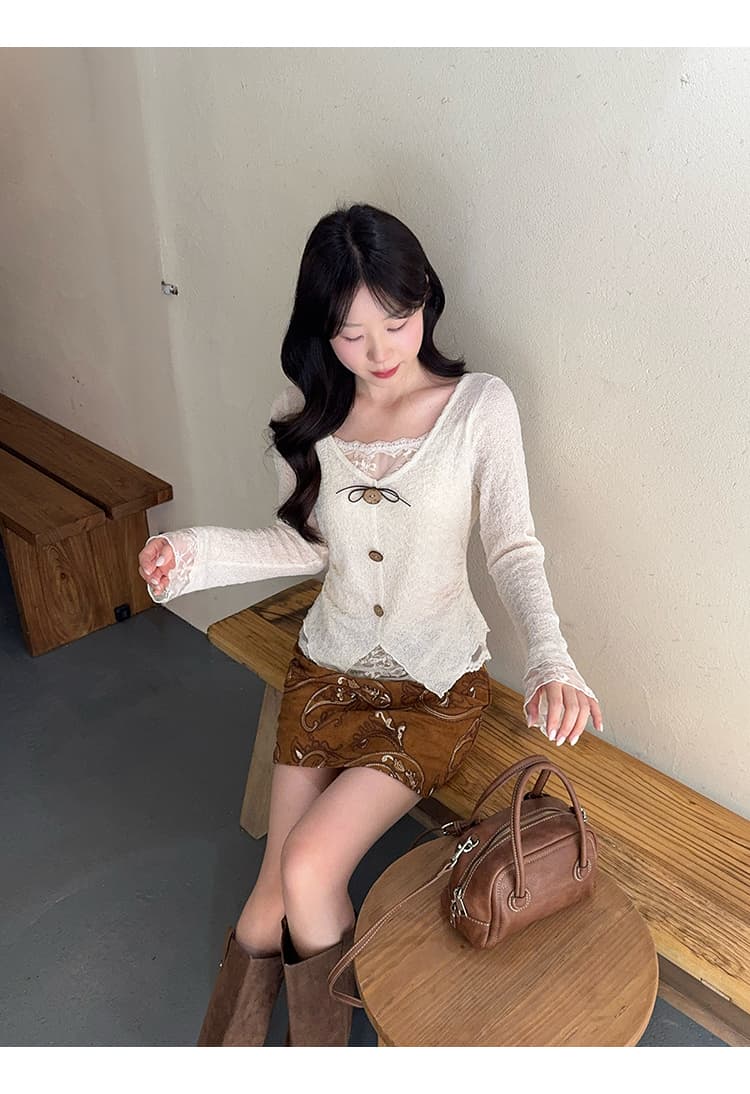 정가 실사 2026 가을 의상 새로운 지방 mm 빅 사이즈 여성 한 부서 순수한 욕망 패치워크 레이스 자카드 작은 셔츠 맨위 상세 이미지 21