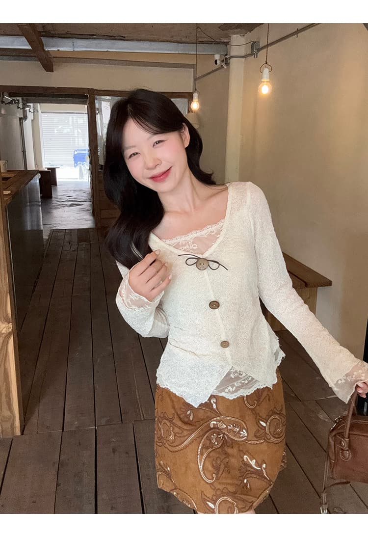 정가 실사 2026 가을 의상 새로운 지방 mm 빅 사이즈 여성 한 부서 순수한 욕망 패치워크 레이스 자카드 작은 셔츠 맨위 상세 이미지 24