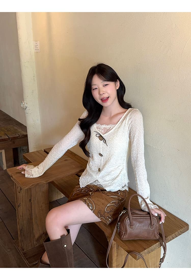 정가 실사 2026 가을 의상 새로운 지방 mm 빅 사이즈 여성 한 부서 순수한 욕망 패치워크 레이스 자카드 작은 셔츠 맨위 상세 이미지 25