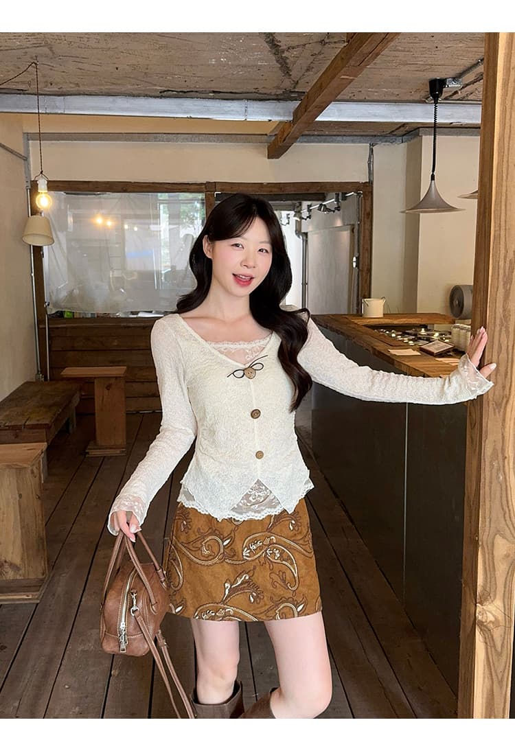 정가 실사 2026 가을 의상 새로운 지방 mm 빅 사이즈 여성 한 부서 순수한 욕망 패치워크 레이스 자카드 작은 셔츠 맨위 상세 이미지 28