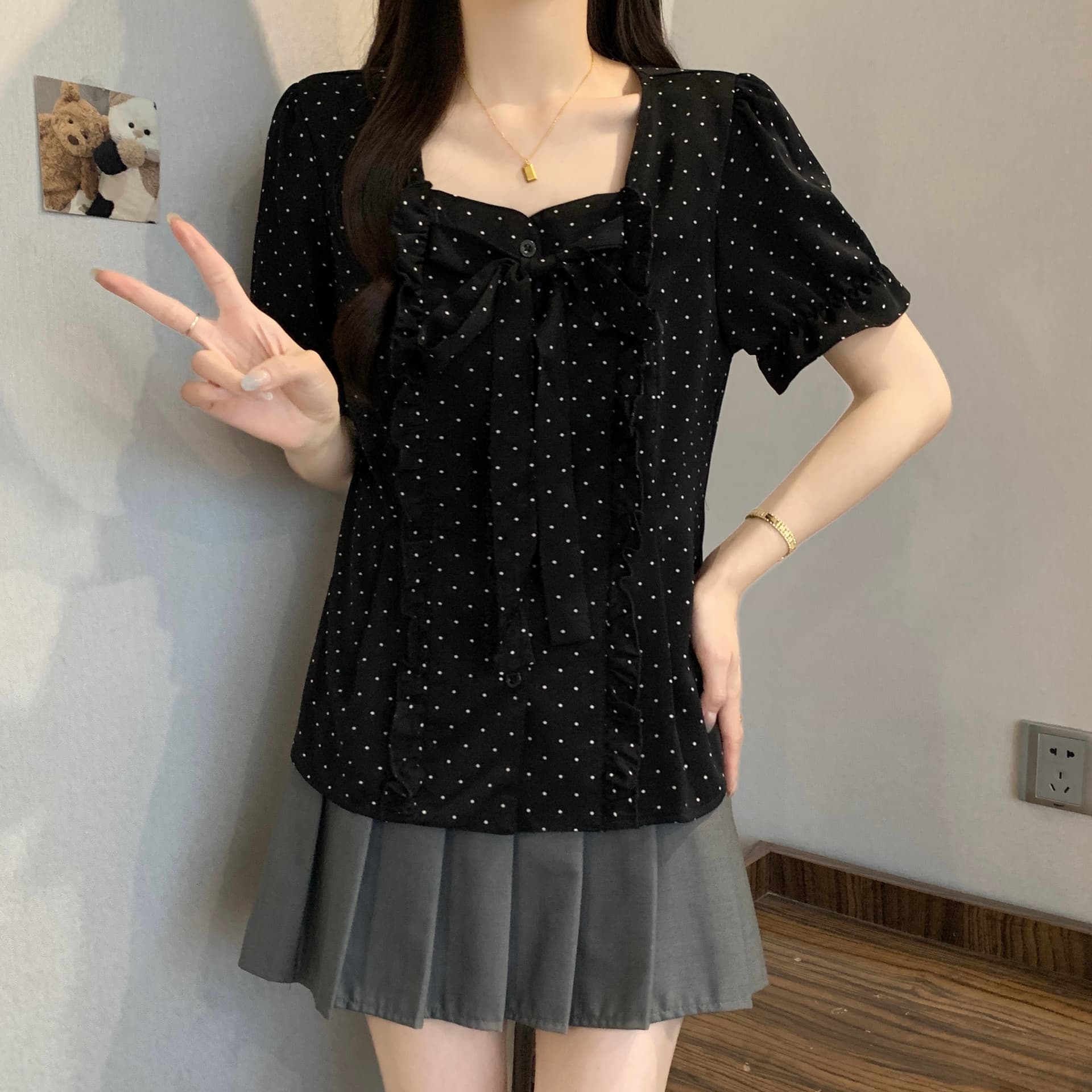 빅 사이즈 도트 무늬 레이스 거품 소매 여성 셔츠 2026 여름 프랑스식 슬림해 보이는 화이트 셔츠 상세 이미지 15