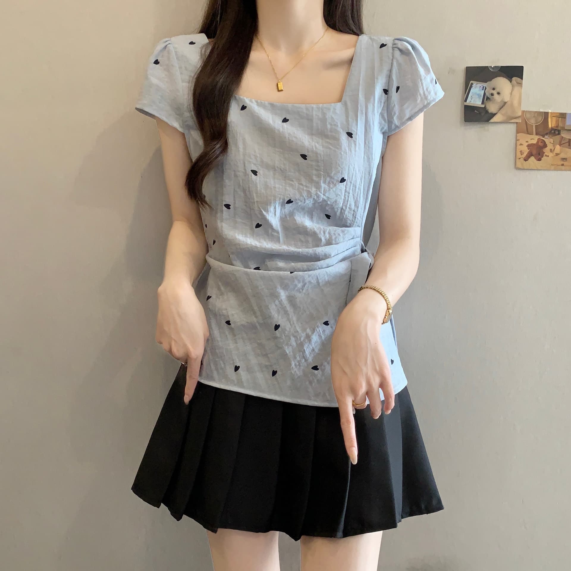 불규칙 광장 칼라 여성 셔츠 여름 새로운 마이크로 지방 빅 사이즈 여성 의류 허리 수축 슬림해 보이는 품격 맨위 상세 이미지 4
