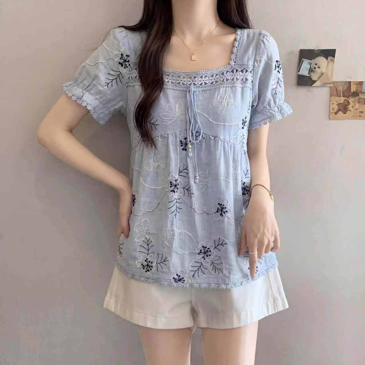 빅 사이즈 여성 의류 술 측면 레이스 칼라 자수 인형 셔츠 이미지 2