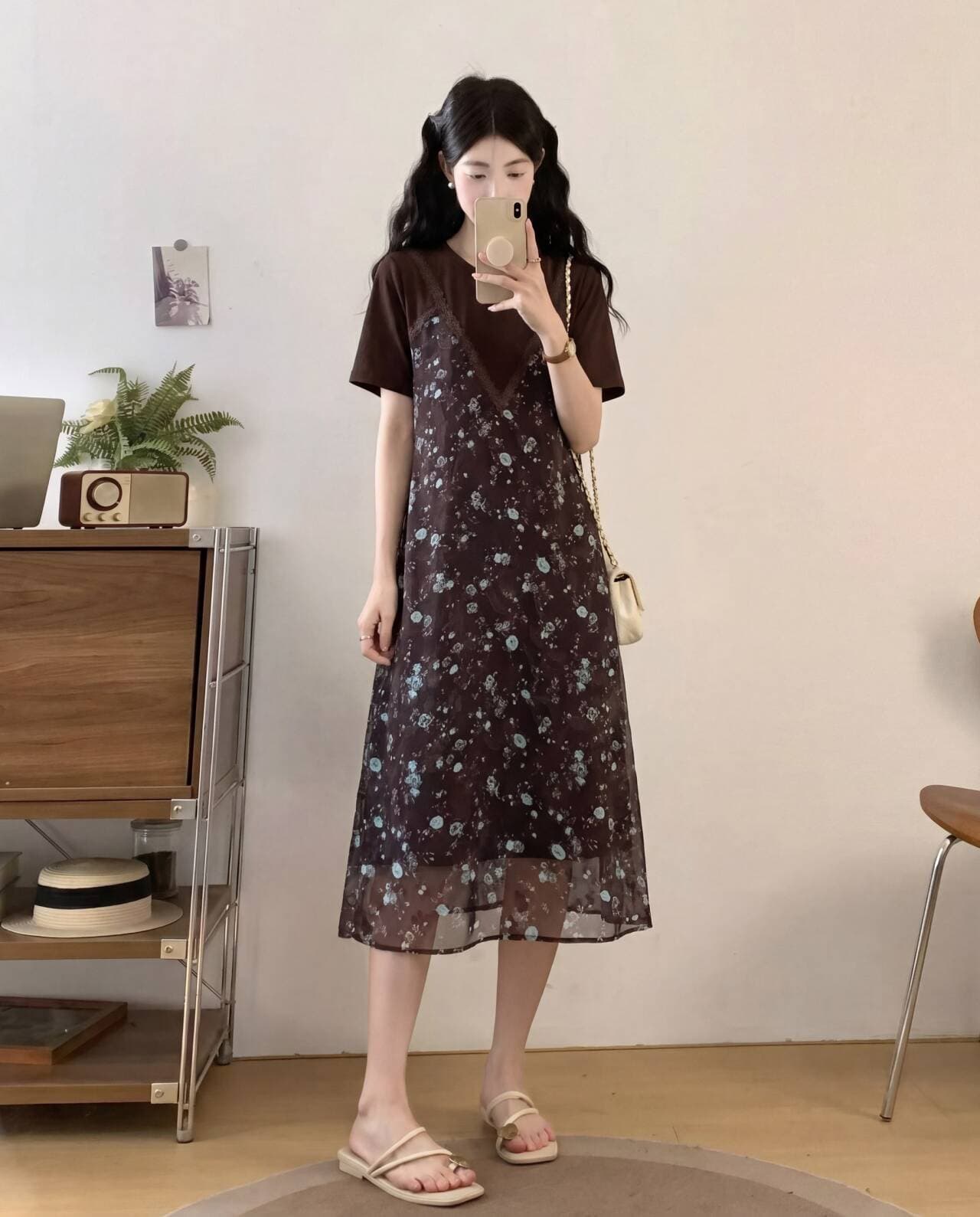 페이크 레이어드 반팔 꽃무늬 여성 드레스 여름 새로운 라운드 넥 품격 휴가 여행 빅 사이즈 치마