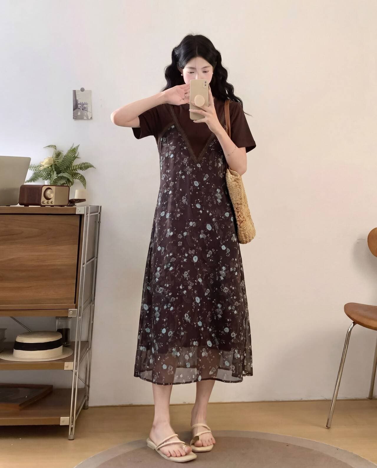 페이크 레이어드 반팔 꽃무늬 여성 드레스 여름 새로운 라운드 넥 품격 휴가 여행 빅 사이즈 치마 이미지 3