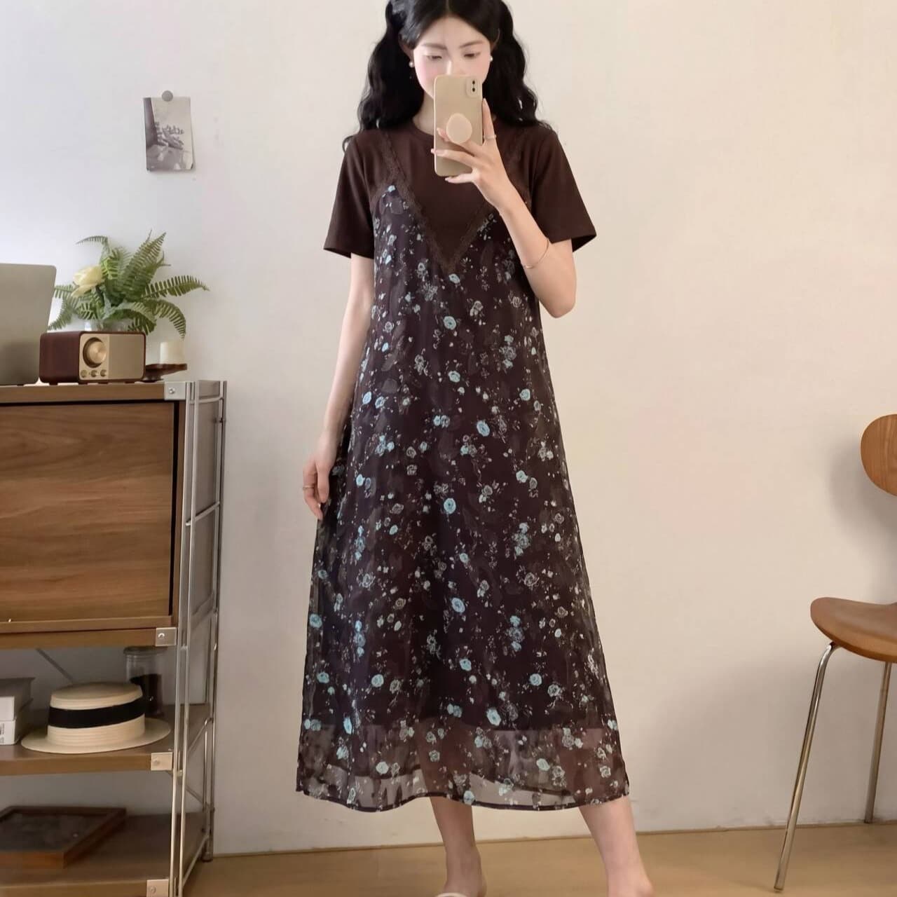 페이크 레이어드 반팔 꽃무늬 여성 드레스 여름 새로운 라운드 넥 품격 휴가 여행 빅 사이즈 치마 이미지 5