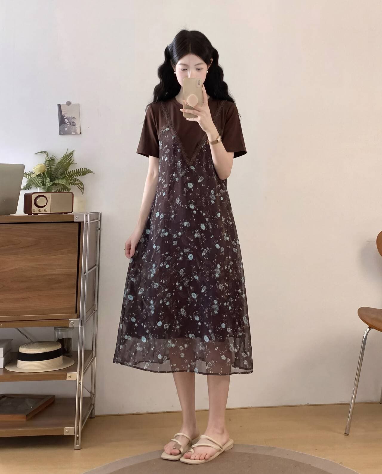 페이크 레이어드 반팔 꽃무늬 여성 드레스 여름 새로운 라운드 넥 품격 휴가 여행 빅 사이즈 치마 상세 이미지 4
