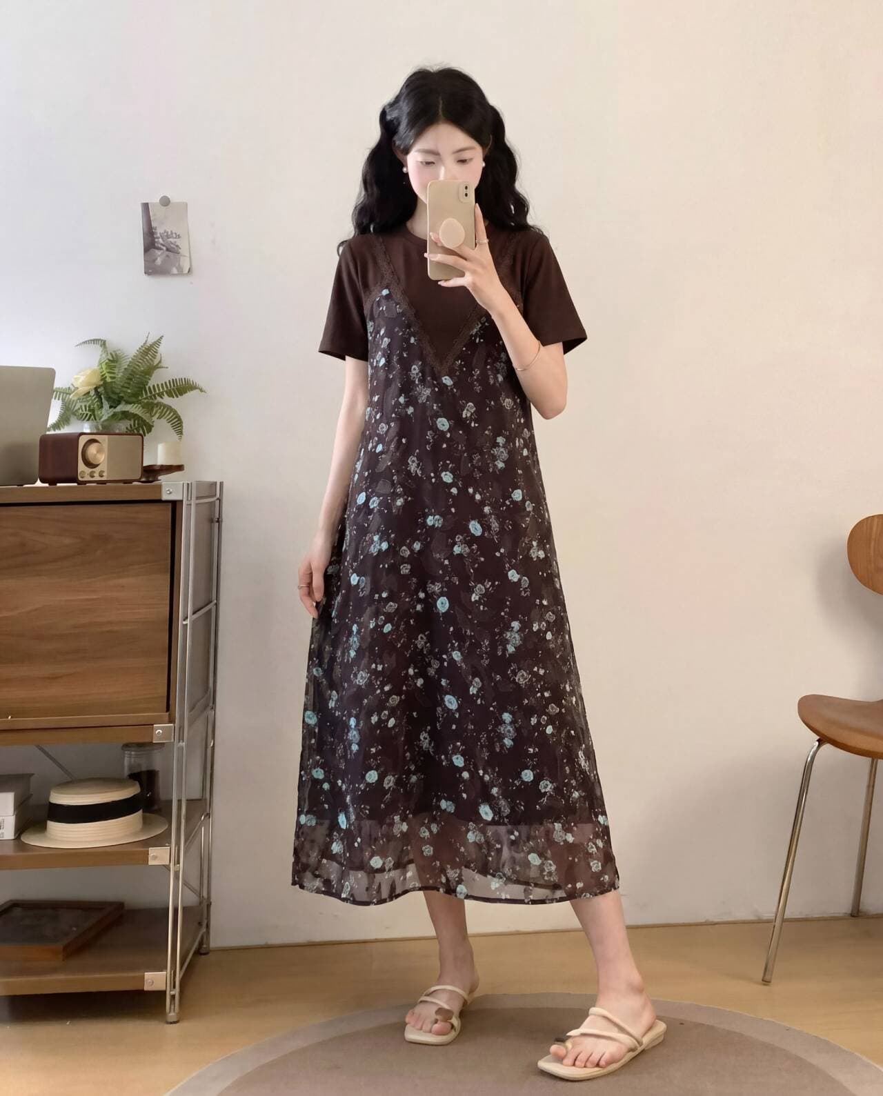 페이크 레이어드 반팔 꽃무늬 여성 드레스 여름 새로운 라운드 넥 품격 휴가 여행 빅 사이즈 치마 상세 이미지 5