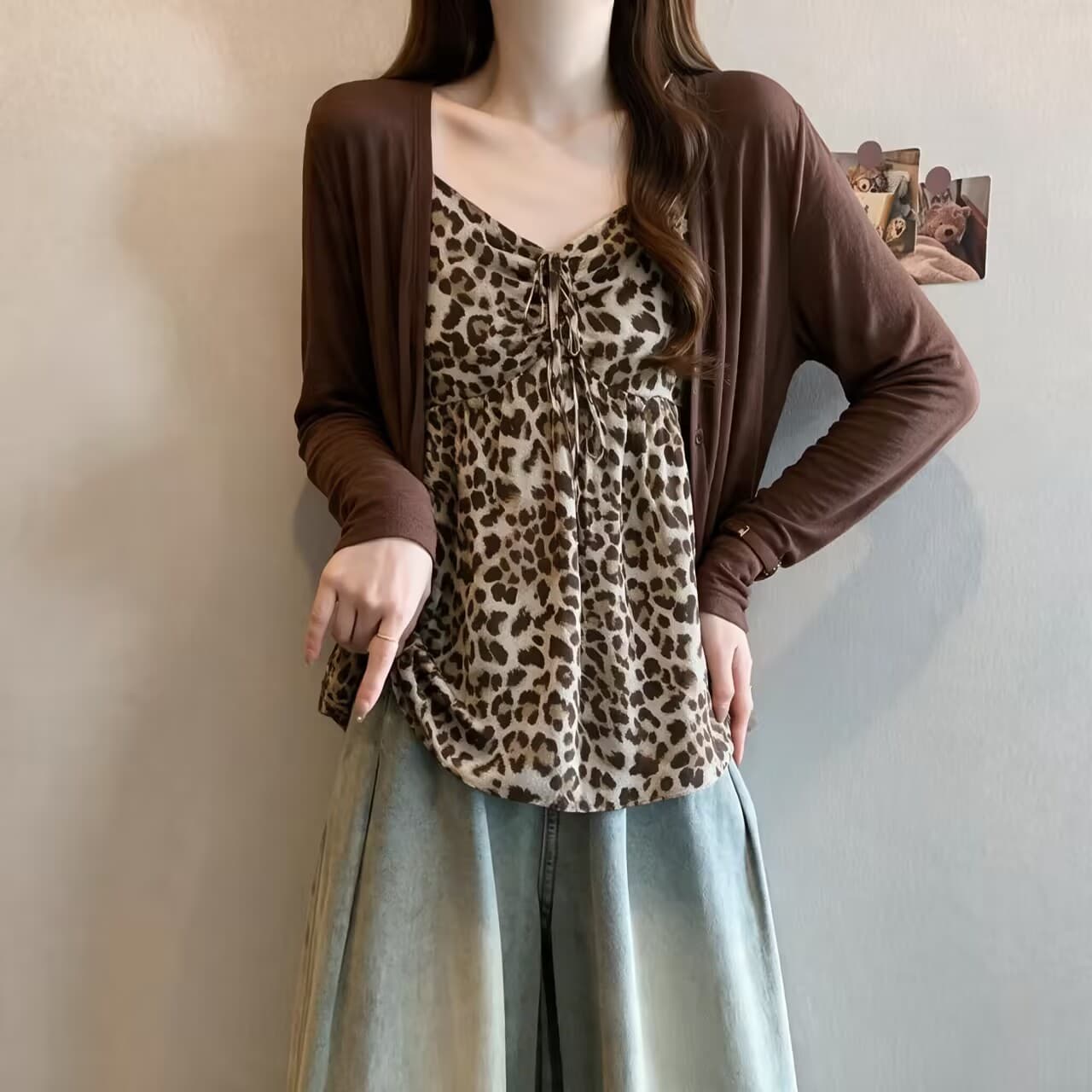 지방 mm 가을 한 부서 레오파드 무늬 캐미솔 외부 가져 가라. 얇은 오픈 가디건 슬림해 보이는 투피스 세트 상세 이미지 2