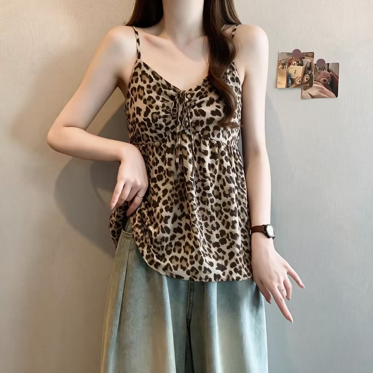 지방 mm 가을 한 부서 레오파드 무늬 캐미솔 외부 가져 가라. 얇은 오픈 가디건 슬림해 보이는 투피스 세트 상세 이미지 3