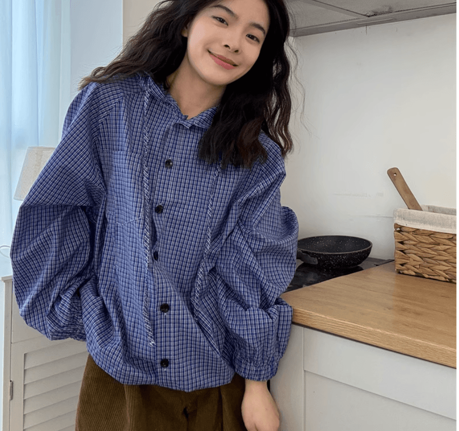 2026 년 봄 파란색 체크무늬 후드 여성 셔츠 새로운 작은 키 루즈핏 슬림해 보이는 느긋한 센스 재킷 맨위