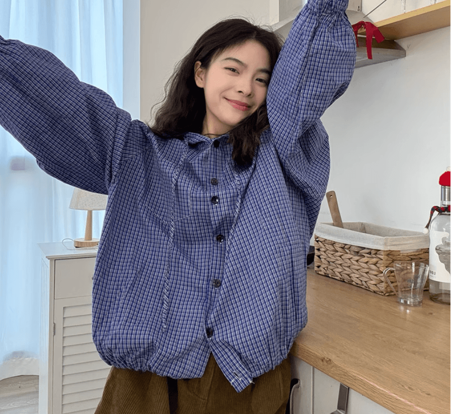2026 년 봄 파란색 체크무늬 후드 여성 셔츠 새로운 작은 키 루즈핏 슬림해 보이는 느긋한 센스 재킷 맨위 상세 이미지 2