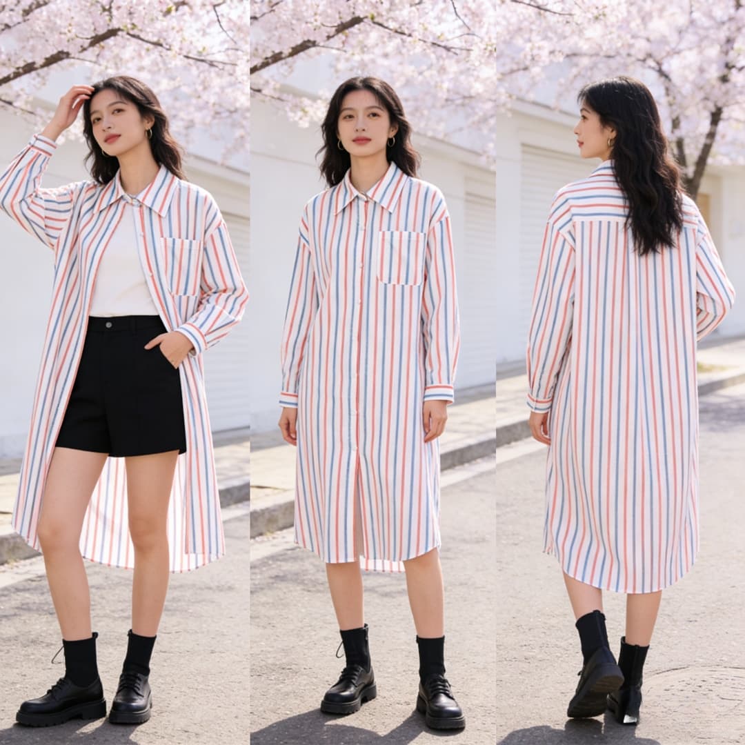한국 chic 가을 새로운 프랑스식 레트로 색상 스트라이프 루즈핏 셔츠 여성 드레스 한 부서 중간 길이 치마 상세 이미지 1