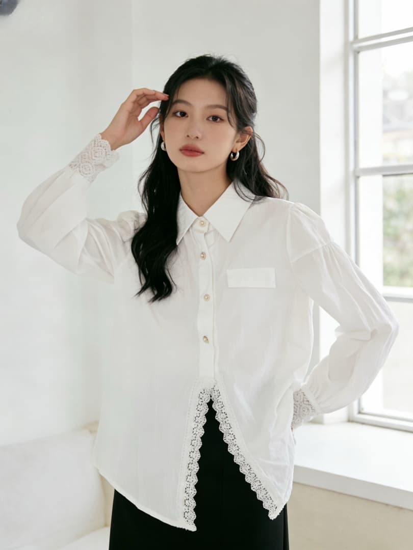 2026 봄 새로운 일본과 한국 낭만주의 바람 벌룬 소매 여성 셔츠 레이스 조각 작은 대중 패션 디자인 센스 맨위 상세 이미지 1