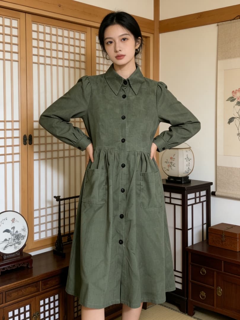 녹색 셔츠 여성 드레스 2026 년 봄 가을 한 부서 디자인 센스 POLO 칼라 루즈핏 표지 고기 싱글 줄 버튼 롱 스커트 이미지 3